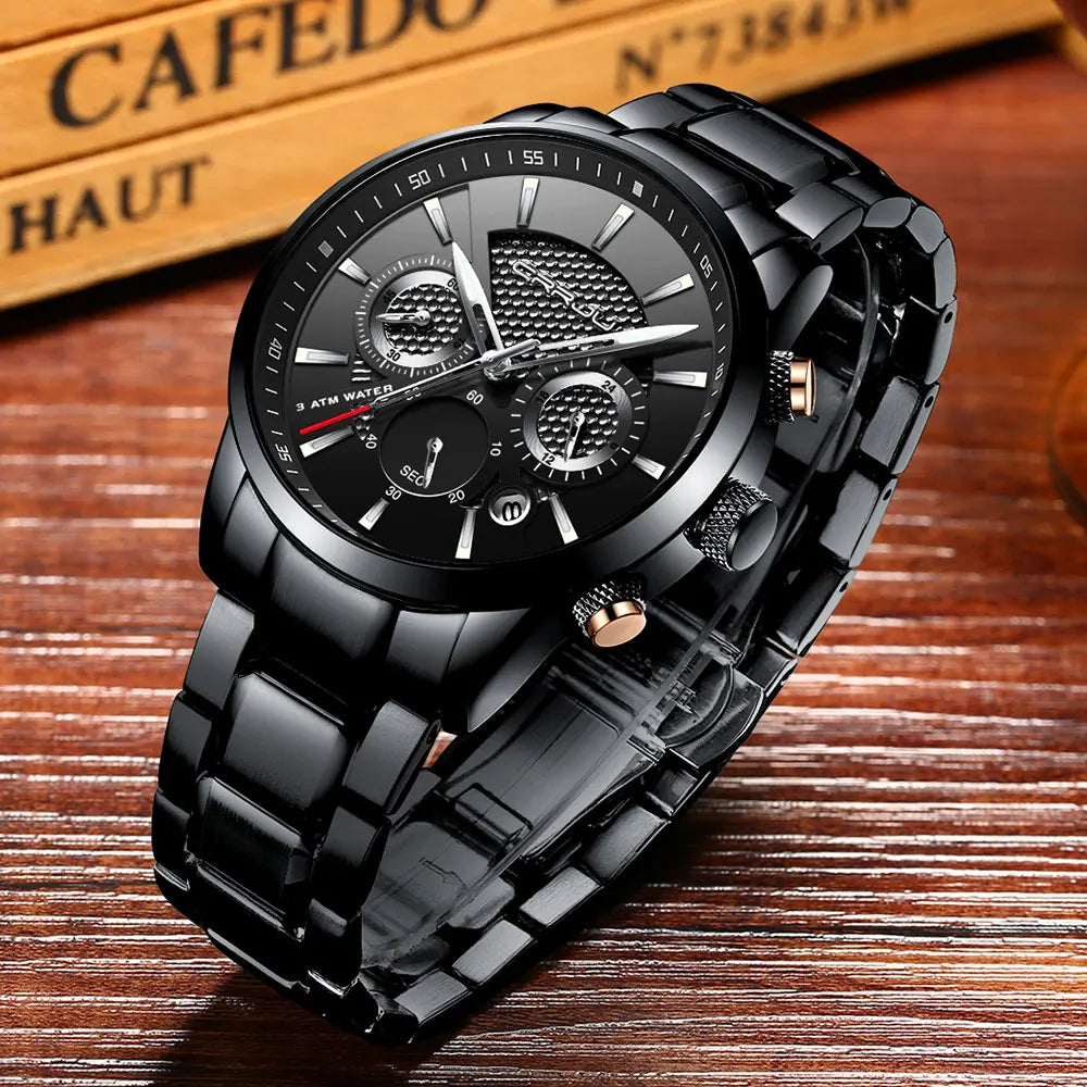 Business Men Watch Fashion Blue Date Chronograph Stianless Steel Wristwatch Mens Casual Waterproof Clock