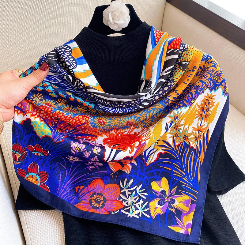 Women Scarf Silk Feeling Hair Neck Square Brand Office bandanna muffler Waiter Flight Attendants Handkerchief Rings wrap