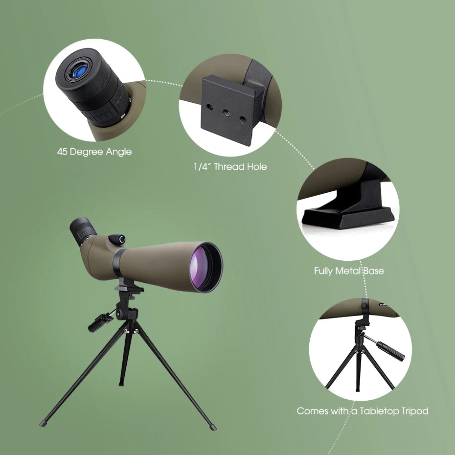 SV401 20-60x80 Spotting Scope BK7 Silver + MC Prism IPX6 Waterproof spyglass with Tripod Camping Equipment