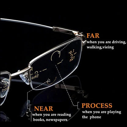 Titanium Alloy Multifocal Reading Glasses Progressive Half Frame Prescription Eyeglasses Anti-Blue Glass Frame Men +4