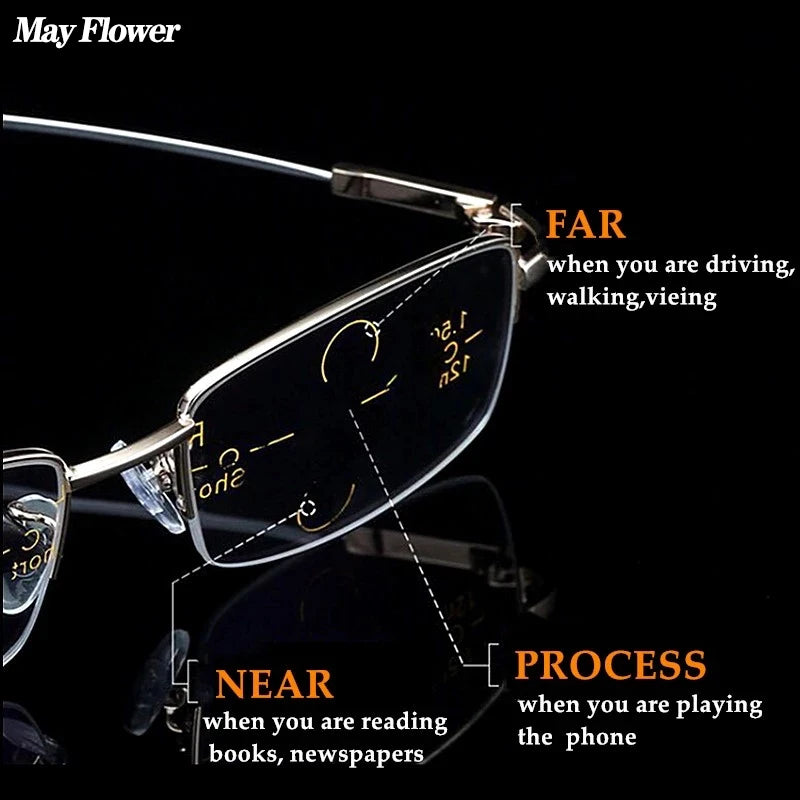 Progressive Reading Glasses with Titanium Alloy Half Frame