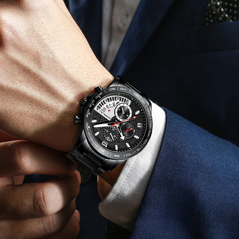 Mens Watches Fashion Stainless Steel Business Watch Luxury Luminous Waterproof Chronograph Quartz Watch Relogio Masculino
