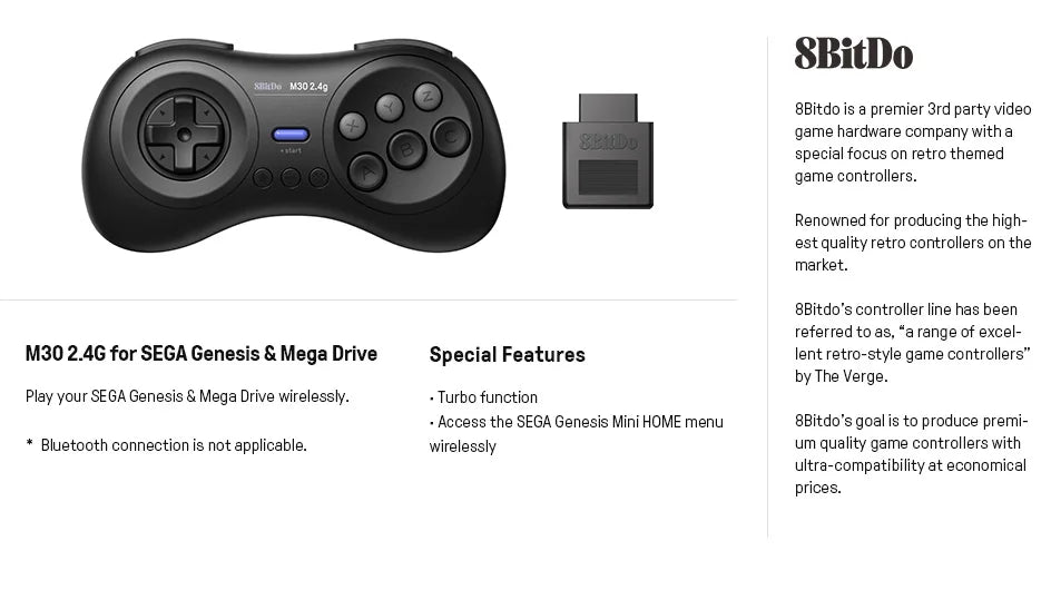 2.4GHz Wireless Retro Gaming Controller for Sega Genesis and Mega Drive