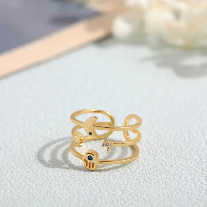 Multilayer Moon Star Sun Open Rings for Women Gold Color Hollow Metal CZ Turkish Hand Finger Rings