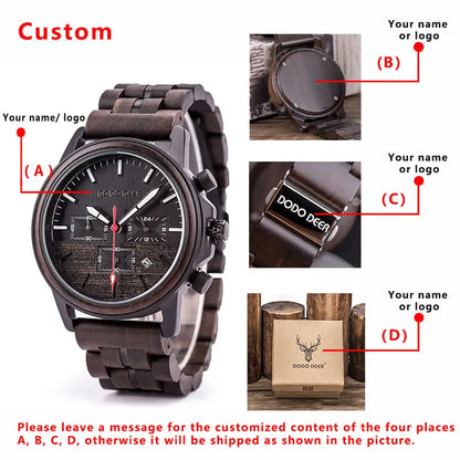 Wood Quartz Stop Watch Timer Luxury Chronograph Wristwatch Auto Date