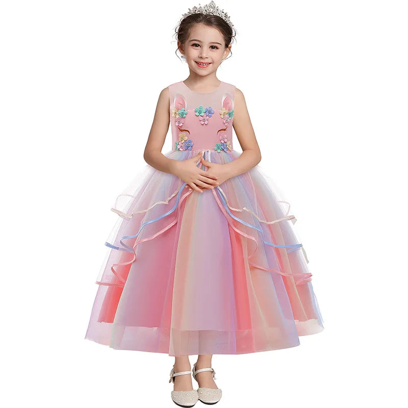 Unicorn Flower Applique Princess Ball Gown Dress