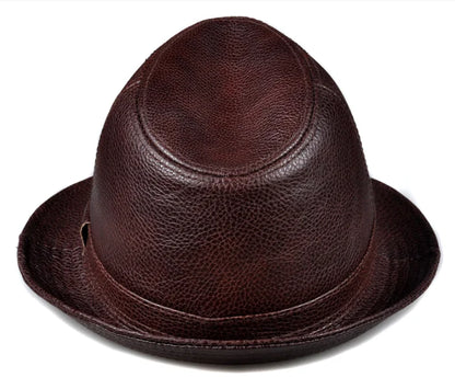 Man High Quality Genuine Leather Jazz Fedora Gentleman Cow Skin Short Brim Top Hat Male Shows Topper