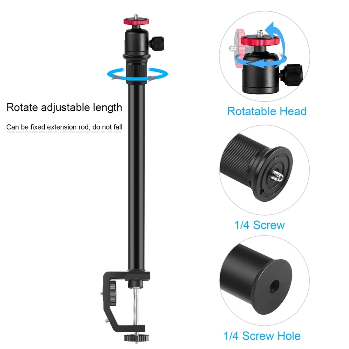 Heavy Duty C Clamp Camera Clamp Mount Rod Monopod with 1/4 inch Screw for GoPro HERO9 8 7 6 5 4 3+ 3 2 1/ DJI Osmo Action