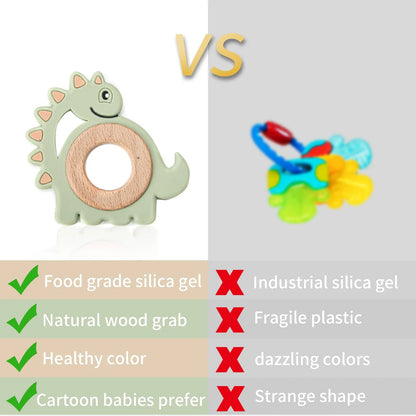 1PC Cartoon Dinosaur Molar Toy for Baby Oral Care Products BPA-Free Silicone Baby Teether Wooden Ring Food Grade Teething Toy