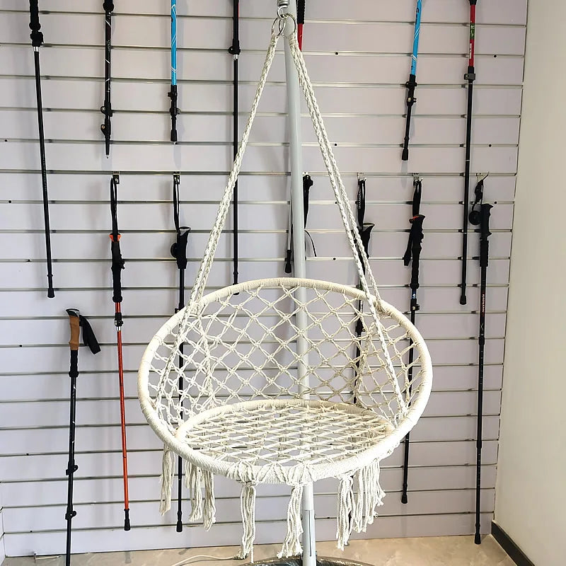 Nordic Style Round Hammock Swing Chair Safety Hanging Hammock Rope Hanging Garden Seat Beige Knitting Rope Swing Balcony Chair