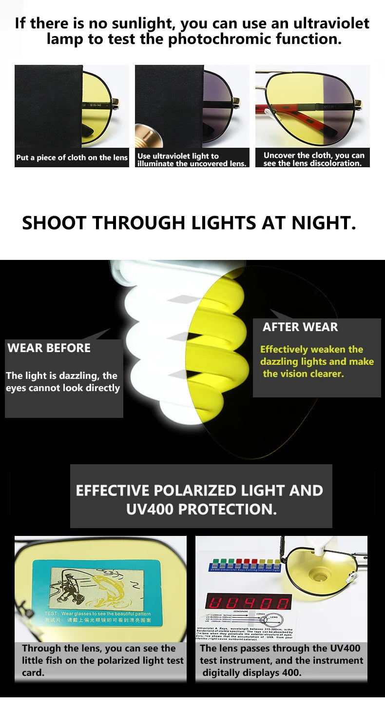 Aviation Photochromic Polarized Night Vision UV400 Driving Sunglasses for Men Women