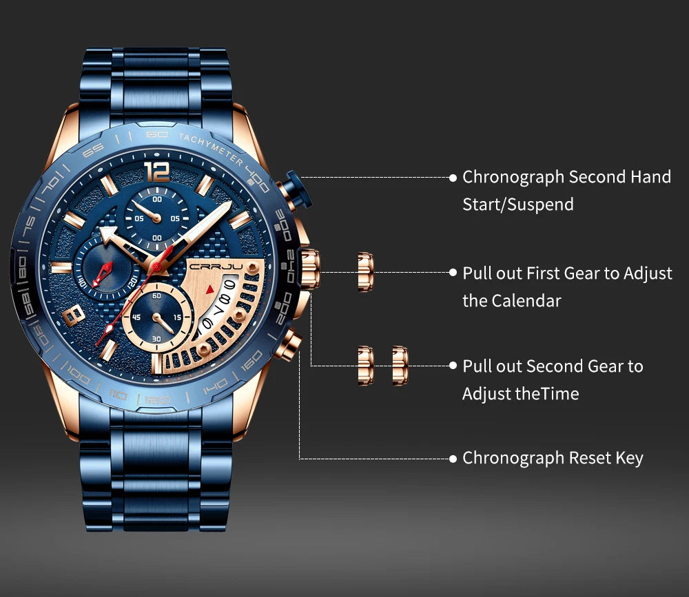 Mens Watches Fashion Stainless Steel Business Watch Luxury Luminous Waterproof Chronograph Quartz Watch Relogio Masculino