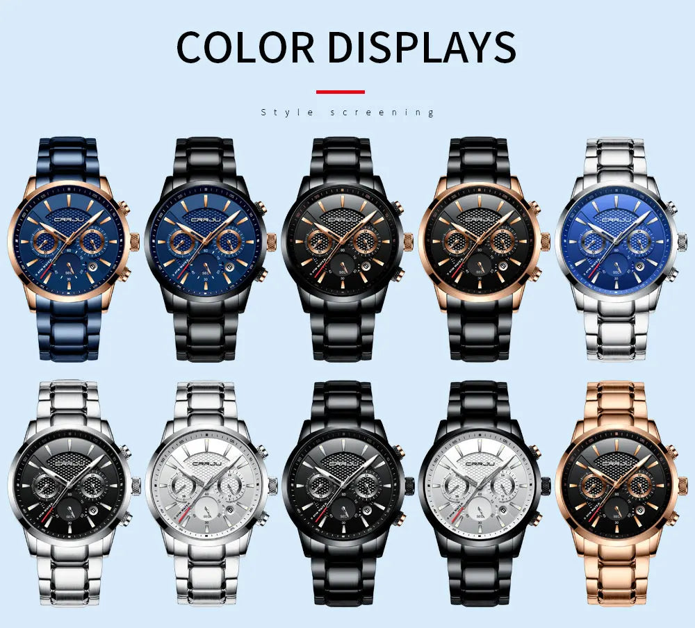 Business Men Watch Fashion Blue Date Chronograph Stianless Steel Wristwatch Mens Casual Waterproof Clock