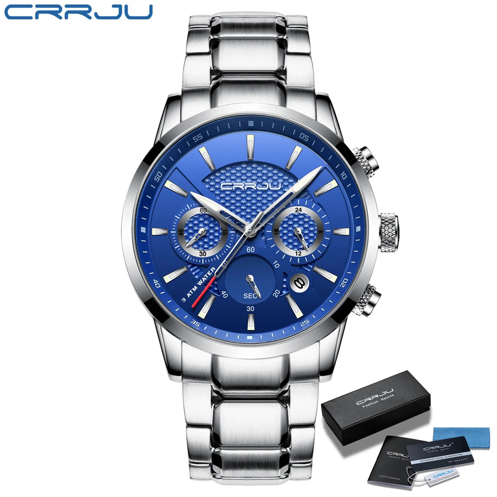 Business Men Watch Fashion Blue Date Chronograph Stianless Steel Wristwatch Mens Casual Waterproof Clock