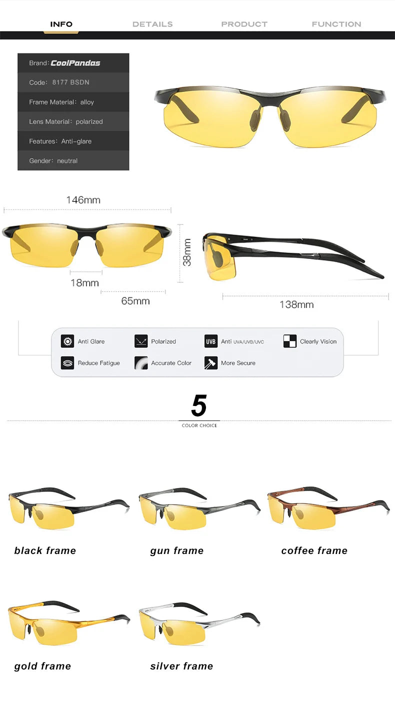 Aluminum Magnesium Photochromic Polarized Sunglasses UV400 Night Vision Driving Glasses for Men Women