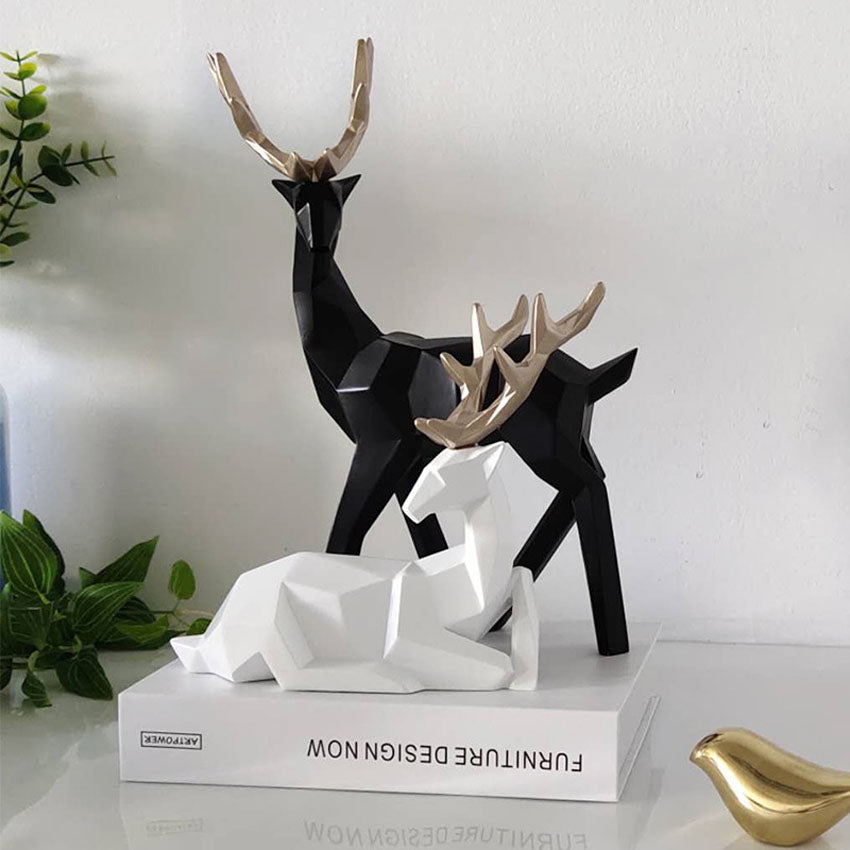 A Couple of 2Pcs Deer Statue Modern Geometric Sculpture Desktop Ornament Figurine Wine Cabinet Cafe TV Showcase Decor