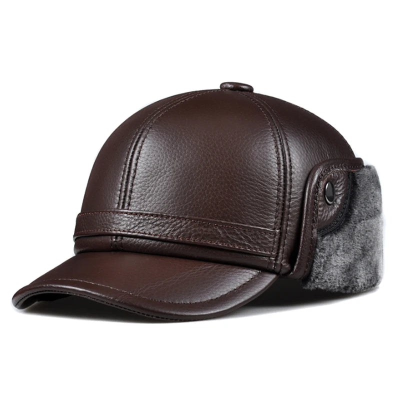 Winter Men's  Hat Thicken Leather Cowhide Baseball Caps With Ears Warm Snapback