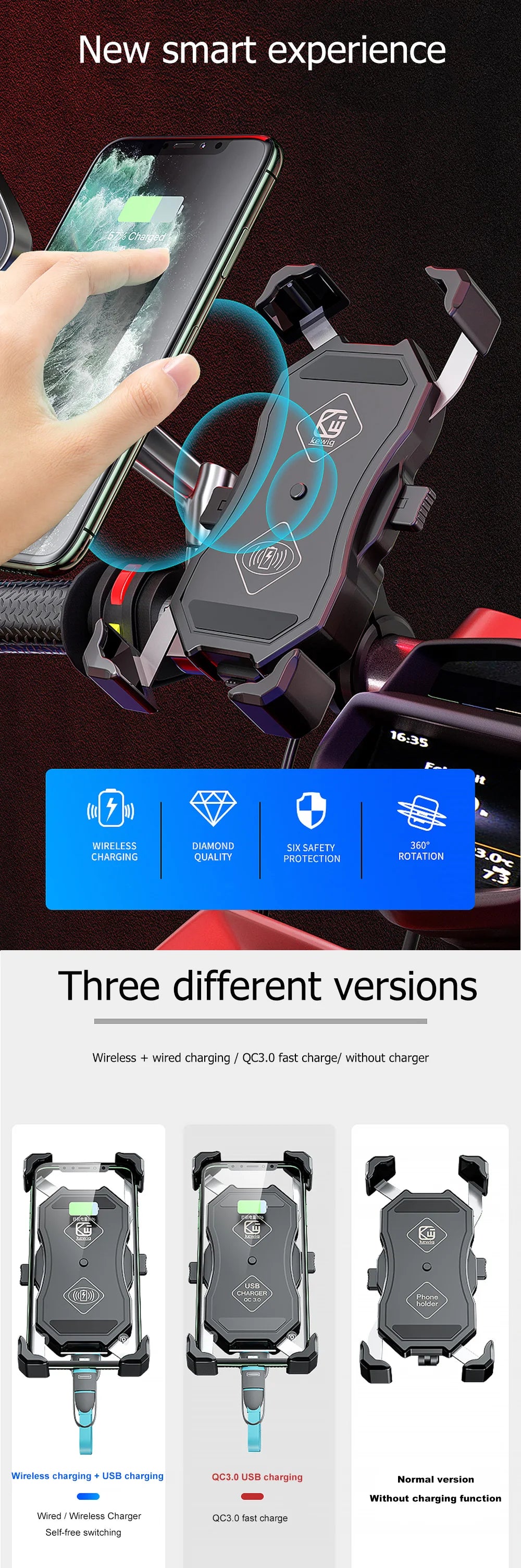 Motorcycle Fork Stem Wireless Charger 15W Qi/USB Quick Charge Phone Holder Handlebar Mirror Mount with 1" Ball for 3.5"-6.8"