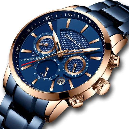 Business Men Watch Fashion Blue Date Chronograph Stianless Steel Wristwatch Mens Casual Waterproof Clock