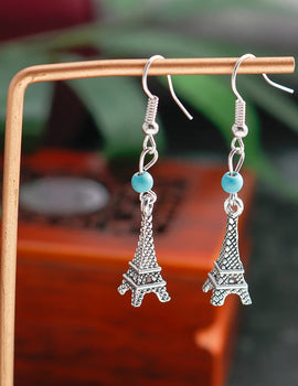 Bohemian Natural Turquoise Stone Beads Eiffel Tower Earrings for Vintage Tibet Silver Color Jewelry