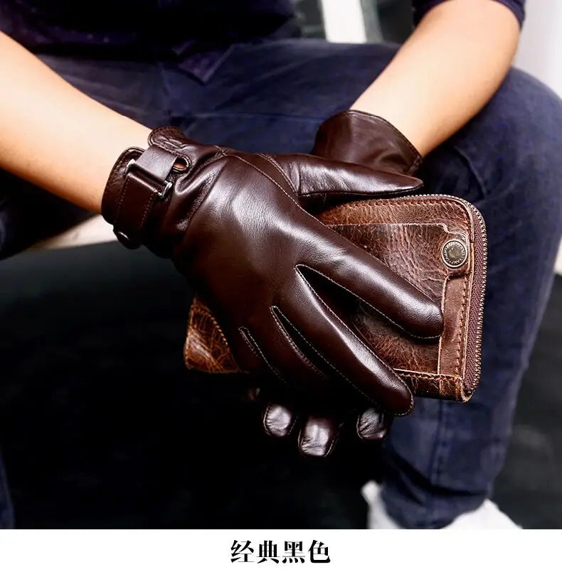 Man Genuine Leather Button Black Thick/Thin Gloves Male Commercial Business meeting MC Host Driving Suede Luvas