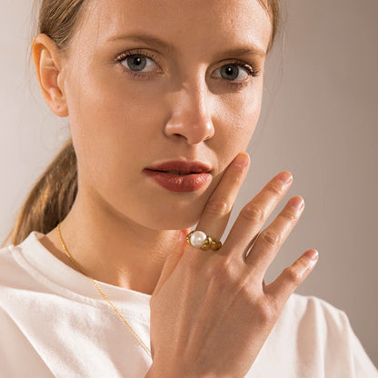 Vintage Croissant Chunky Ring Adjustable Round White Pearl Beads Green Stone Rings