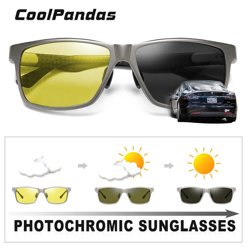 Carbon Fiber Square Photochromic Polarized UV400 Day Night Driving Sunglasses for Men Women