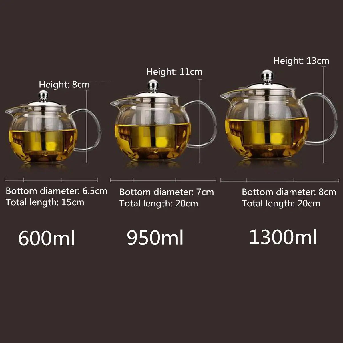 600/950/1300ml Glass Stainless Steel Teapot with Infuser Filter Lid Heat Resistant Tea Pot Kettle