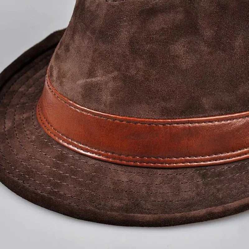 Winter Genuine Leather Top Hats For Men/Women British Gentlemen Wide Brim Stetson Fedoras 55-60cm Fitted Brown Male