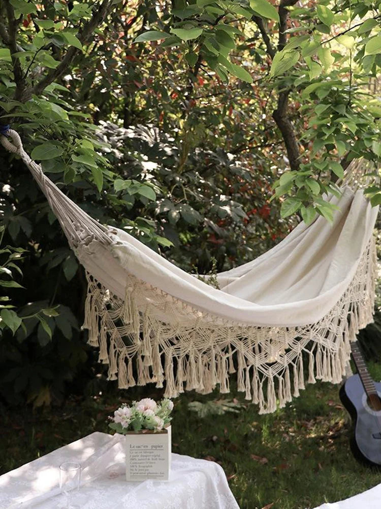 Hammock Boho Style Brazilian Macrame Fringed Deluxe Double Hammock Net Swing Chair Indoor Hanging Swing