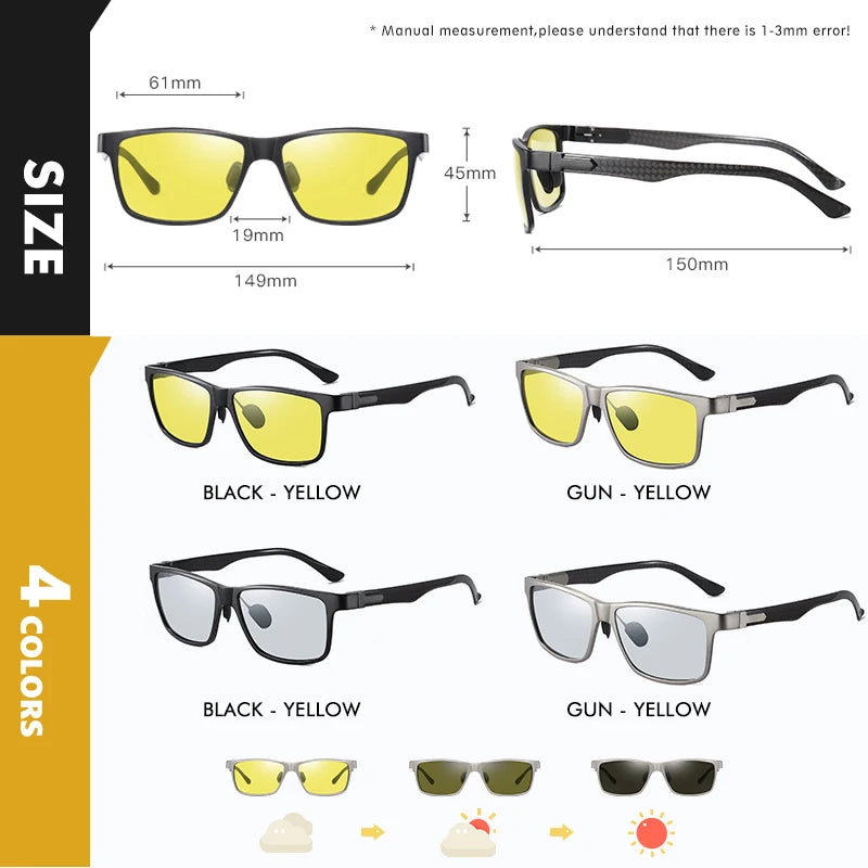 Carbon Fiber Square Photochromic Polarized UV400 Day Night Driving Sunglasses for Men Women