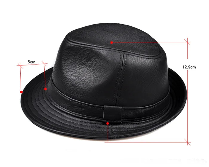 Man High Quality Genuine Leather Jazz Fedora Gentleman Cow Skin Short Brim Top Hat Male Shows Topper