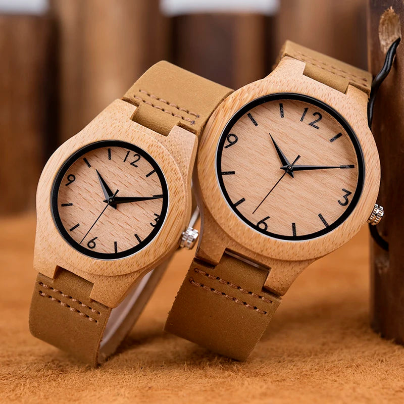 Bamboo Couple Watch Quartz Handmade Leather Ladies Wrist watches Lover's Customized Engrave Logo