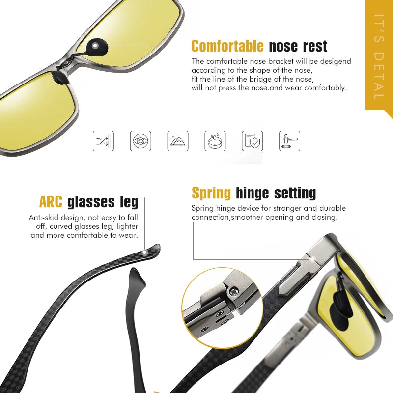 Carbon Fiber Square Photochromic Polarized UV400 Day Night Driving Sunglasses for Men Women