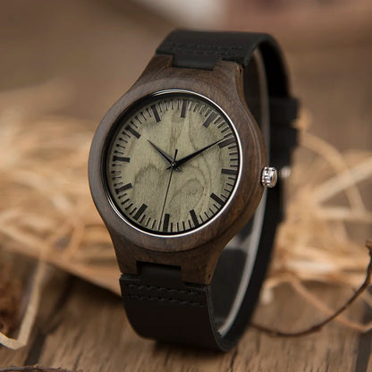 Black Men Wristwatch Quartz Wooden Watch Logo Designs Special Gift With Leather Band Wood Watches