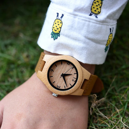 Bamboo Couple Watch Quartz Handmade Leather Ladies Wrist watches Lover's Customized Engrave Logo