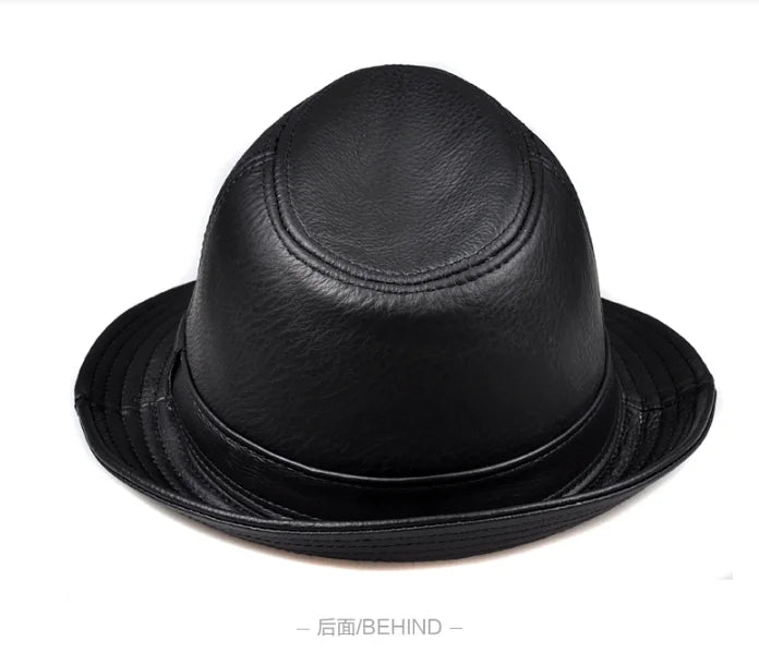 Man High Quality Genuine Leather Jazz Fedora Gentleman Cow Skin Short Brim Top Hat Male Shows Topper