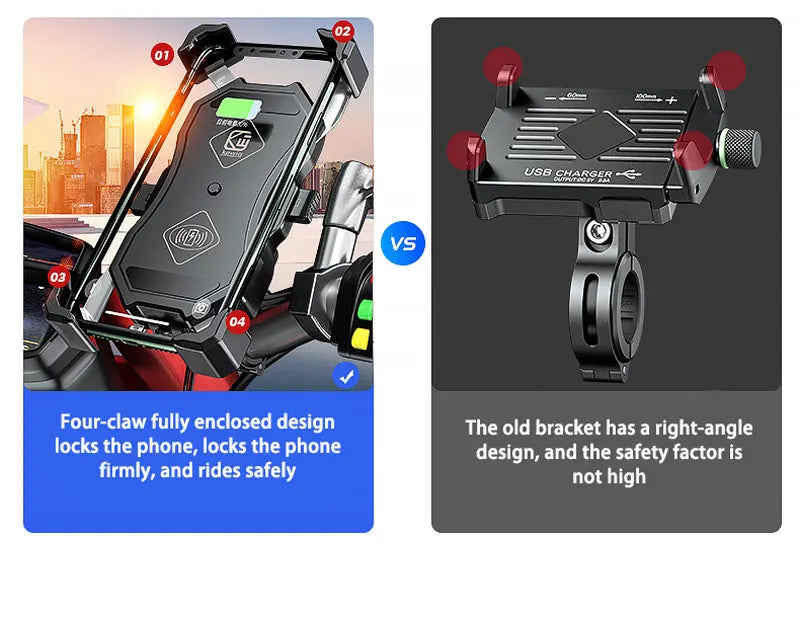 Motorcycle Fork Stem Wireless Charger 15W Qi/USB Quick Charge Phone Holder Handlebar Mirror Mount with 1" Ball for 3.5"-6.8"