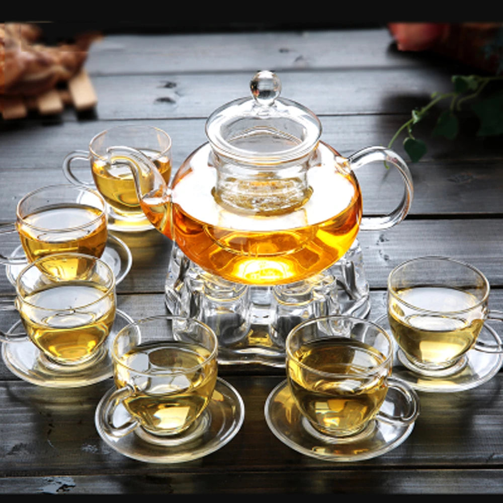 Elegant Glass Tea Set Borosilicate Glass Teapot With Cups Bamboo Tea Tray Tea Set Kettle Warmer Glass Teapot