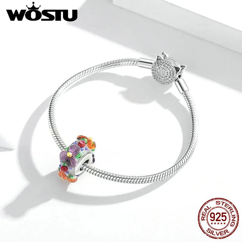 100% 925 Sterling Silver Colorful Flowers Charm Glass Beads Fit Original Bracelet Necklace Pendant