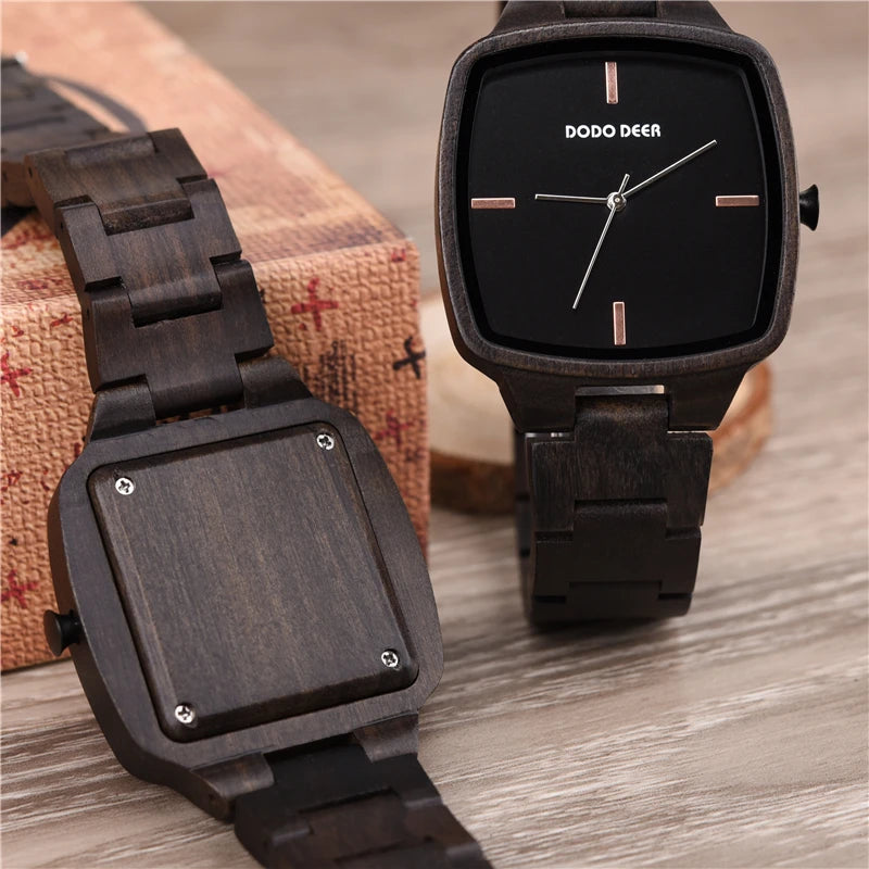 Watch Ebony Wood Timepieces Japan Movement Quartz Wristwatches Man Square Dial in Wooden Box