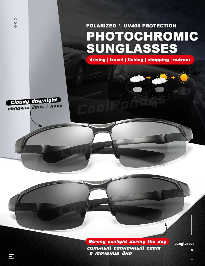 Aluminum Rimless Photochromic Polarized UV400 Driving Sunglasses for Men Women
