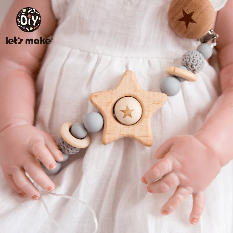 Let's Make 1PC Pacifier Chain Baby Teether Beech Star Wooden Clip Geometric Crochet Beads Pacifier Clip Chain Kids Tiny Rod Toys