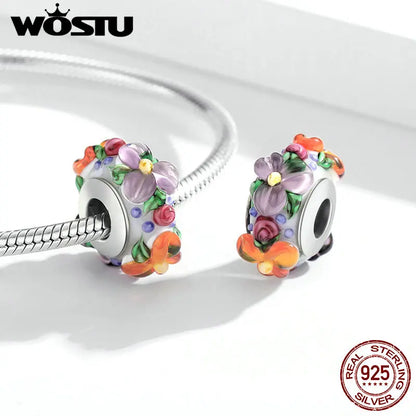 100% 925 Sterling Silver Colorful Flowers Charm Glass Beads Fit Original Bracelet Necklace Pendant