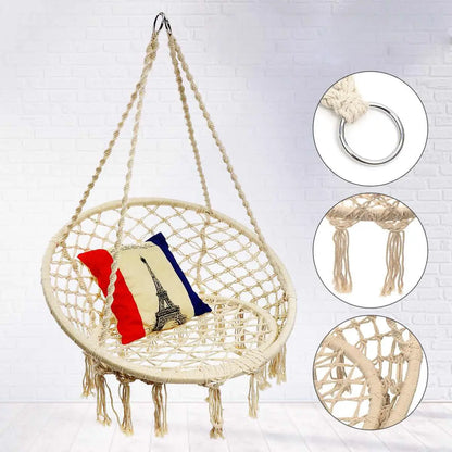 Nordic Style Round Hammock Swing Chair Safety Hanging Hammock Rope Hanging Garden Seat Beige Knitting Rope Swing Balcony Chair