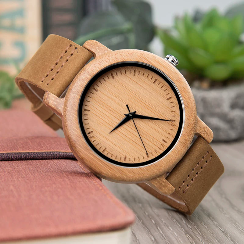 Watches Top Brand Luxury Quartz Leather Silicone Strap Bamboo Wristwatch