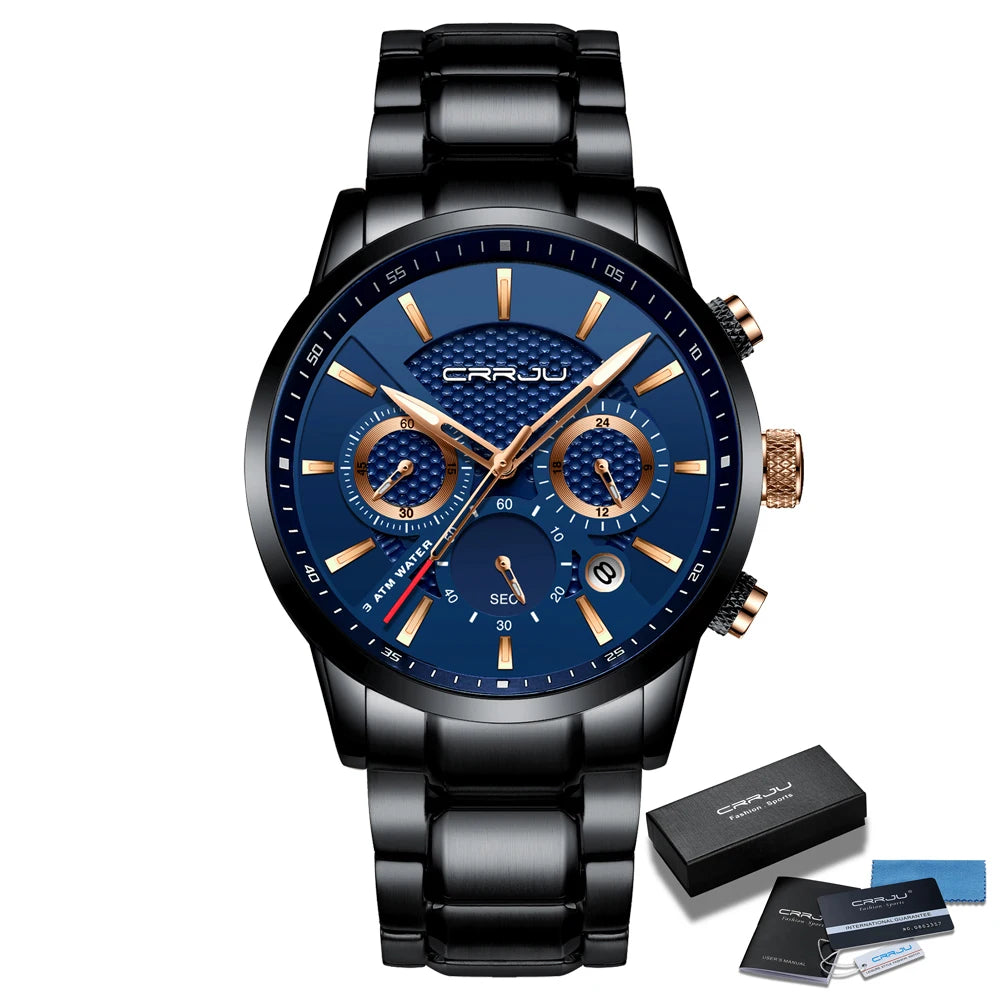 Business Men Watch Fashion Blue Date Chronograph Stianless Steel Wristwatch Mens Casual Waterproof Clock