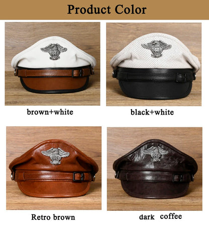 Retro German Military Caps For Men Male Genuine Leather Flat Top Hats European American Captain Locomotive Chapeau