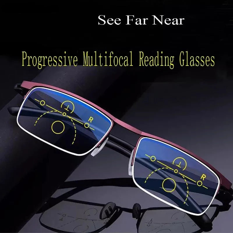 Progressive Multifocal Reading Glasses Half Frame Metal Presbyopia Eyewear Anti Blue Ray Square Magnifying Eyeglaases