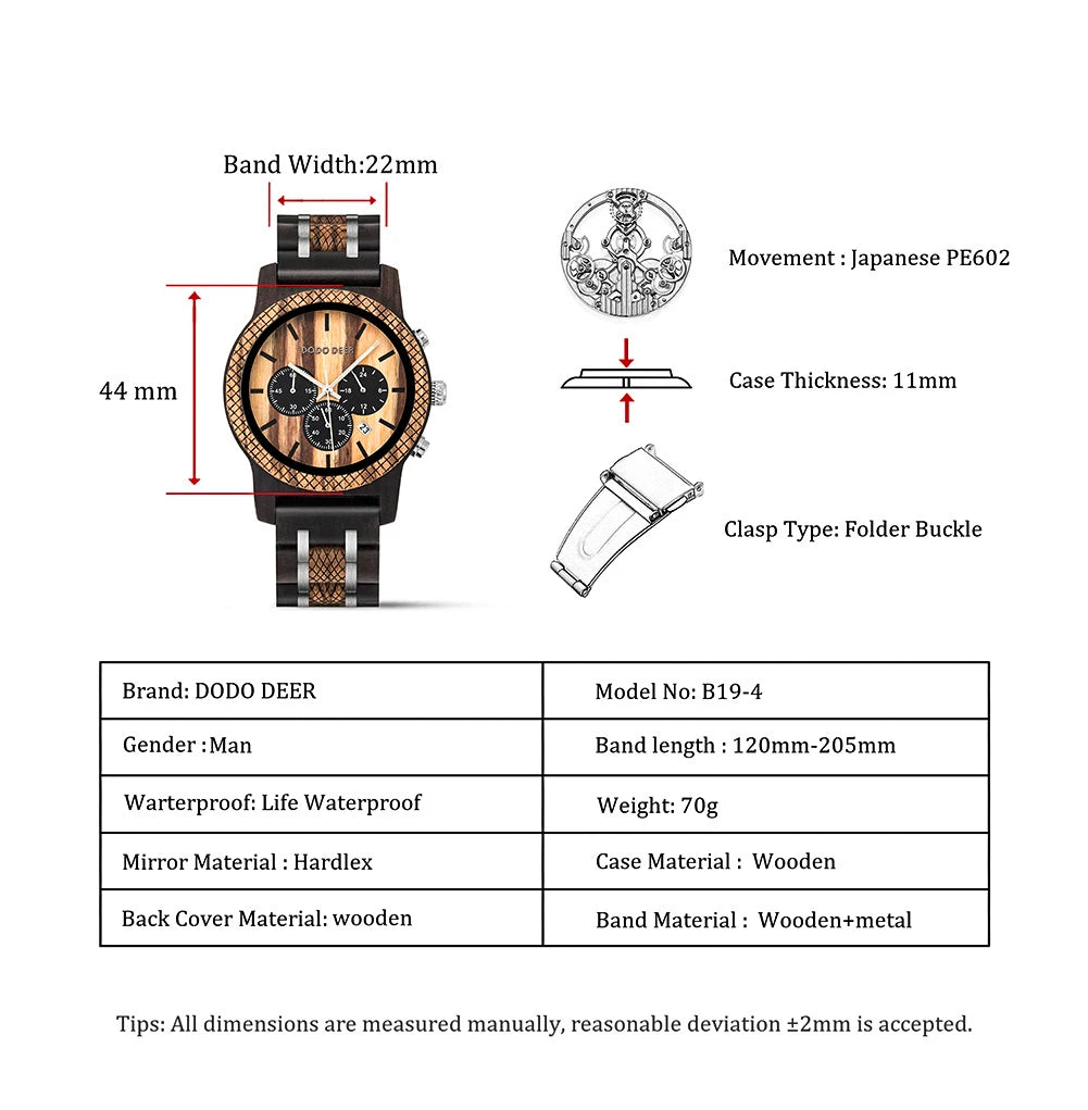 Watches Japanese Quartz Wooden Wristwatch Chronograph Top Brand Luxury Stopwatch Auto Date